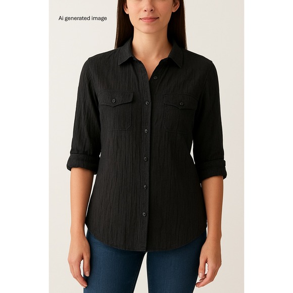 Lauren Ralph Lauren Black Crinkle Cotton Blend Long Sleeve Shirt Women's L NWT - Picture 12 of 12
